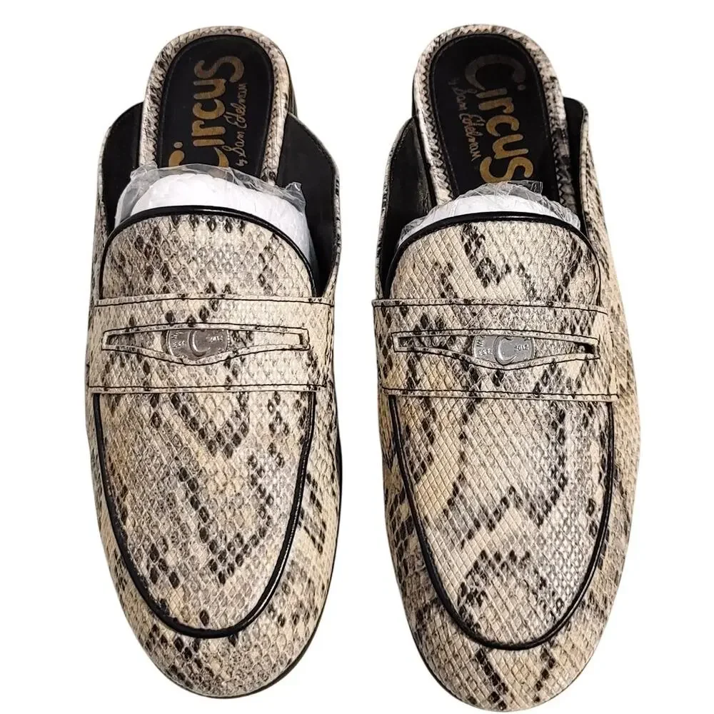 Sam Edelman Circus Hal Faux Snakeskin Flat Slides Close Shoes Cream Black US 6.5